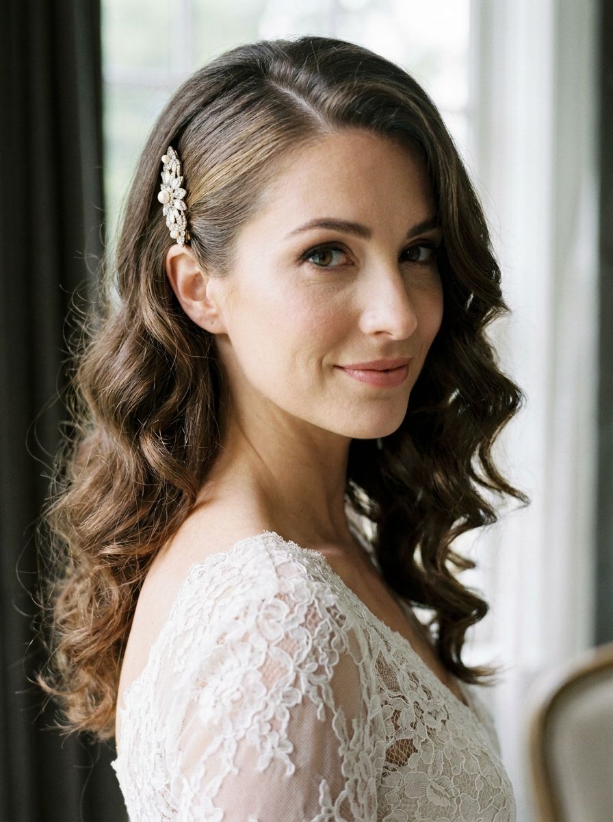 Elegante Locken mit tiefem Seitenscheitel und Schmuckspange - Locken Frisuren Hochzeit